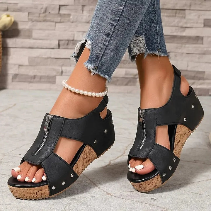 Evridiki - Elegantes Sandalias De Cuña Con Cremallera