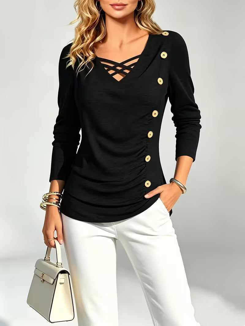 Keziana - Blusa De Manga Larga Con Cuello en V Y Botones
