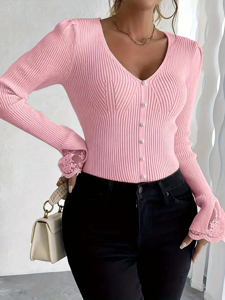 Visenna - Elegante Jersey Con Cuello en V y Mangas De Encaje