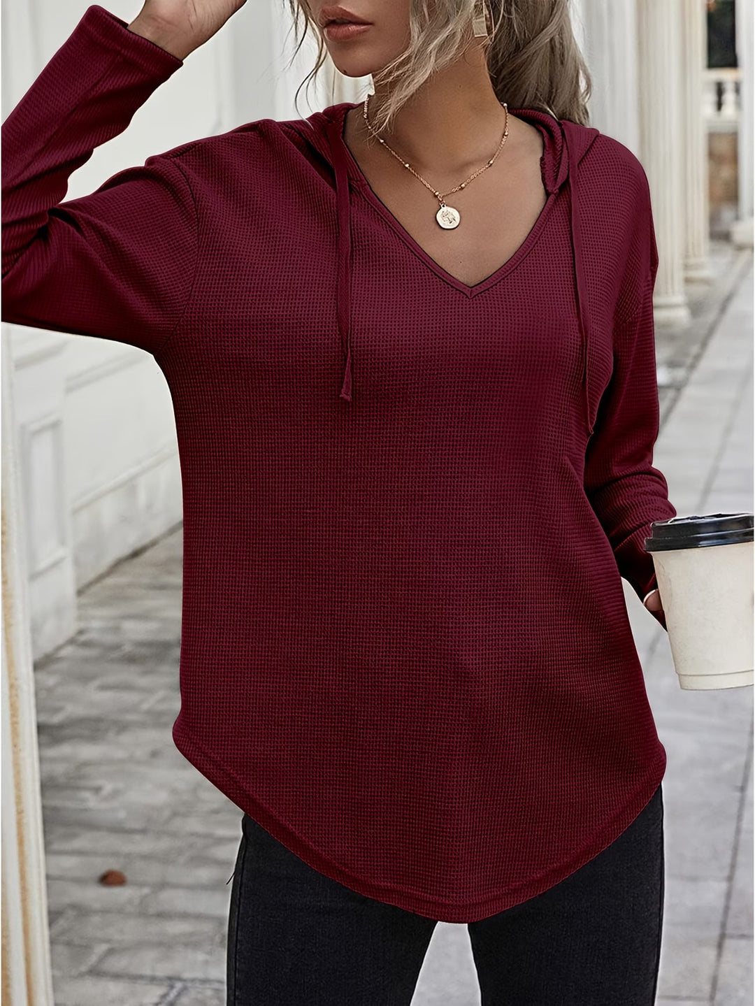 Seonie - Manga Larga Cuello en V Sudadera Con Capucha