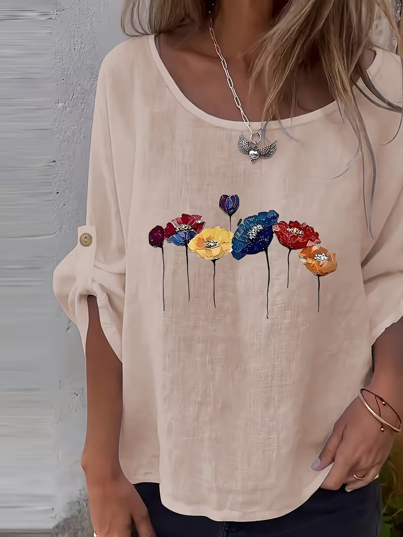 Sheril - Camiseta Holgada Con Mangas Enrollables y Estampado Floral