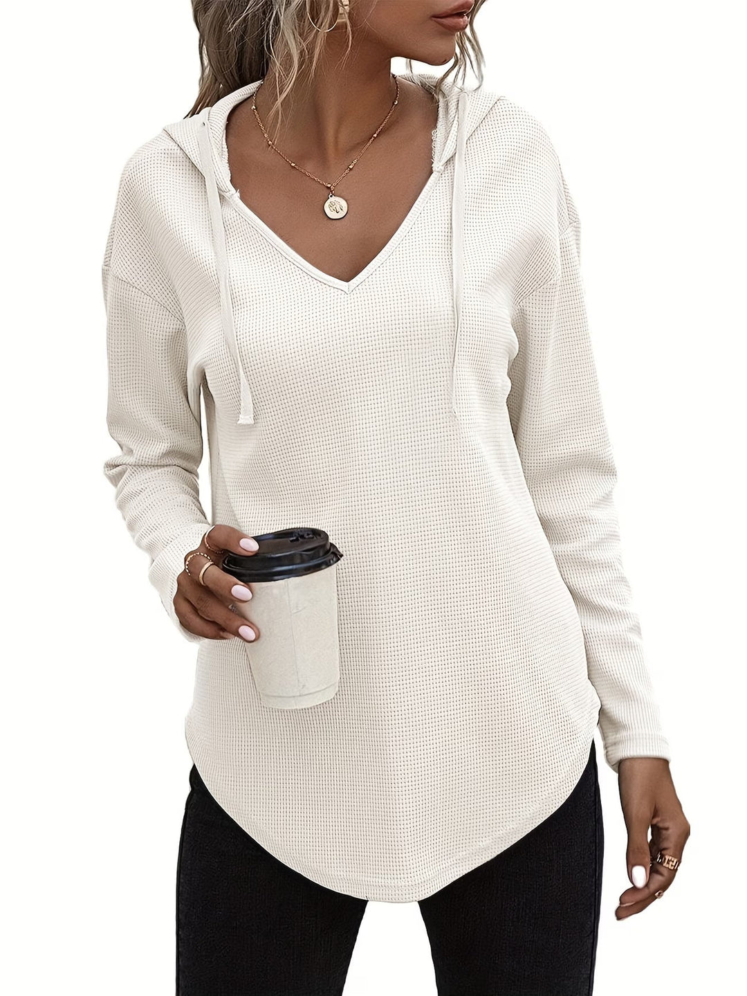 Seonie - Manga Larga Cuello en V Sudadera Con Capucha