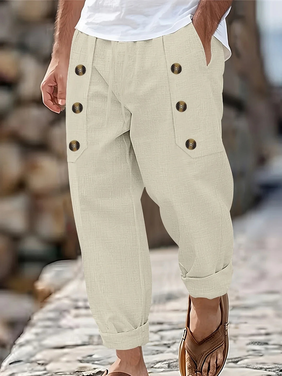 Beslan - Pantalones Elegantes De Pierna Recta Con Botones Dorados