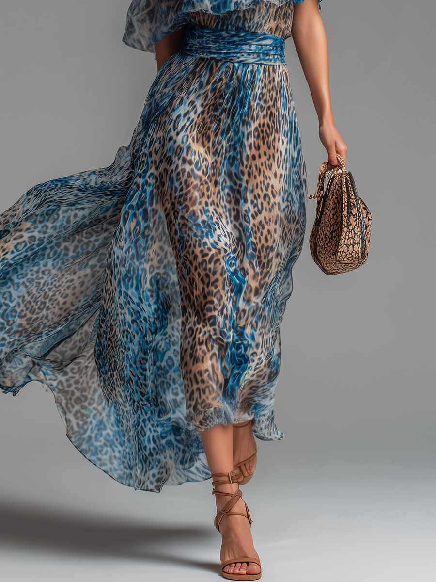 Siania - Vestido De Gasa Con Estampado De Leopardo Y Hombros Al Aire