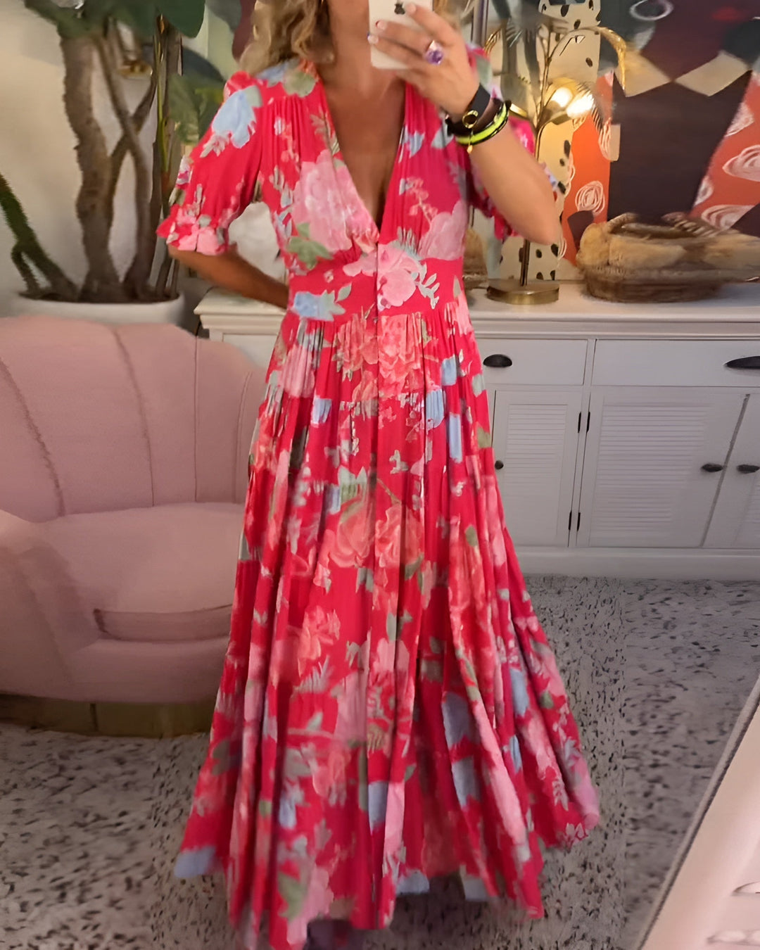 Kaela - Vestido Con Estampado De Flores, Cuello En V y Bolsillos