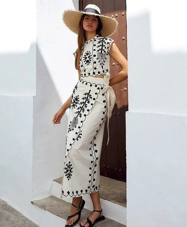 Charitini - Elegante Conjunto De Top Sin Mangas Y Falda Fluida