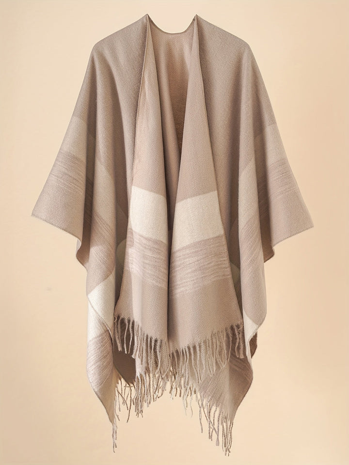 Kyrine - Poncho Chal Con Flecos Y Estampado Geométrico