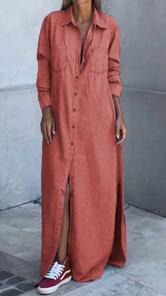 Vallina - Vaqueros Manga Larga Vestido Con Solapa