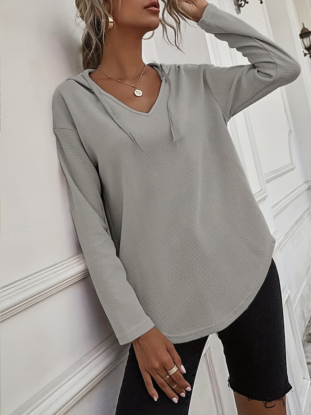 Seonie - Manga Larga Cuello en V Sudadera Con Capucha