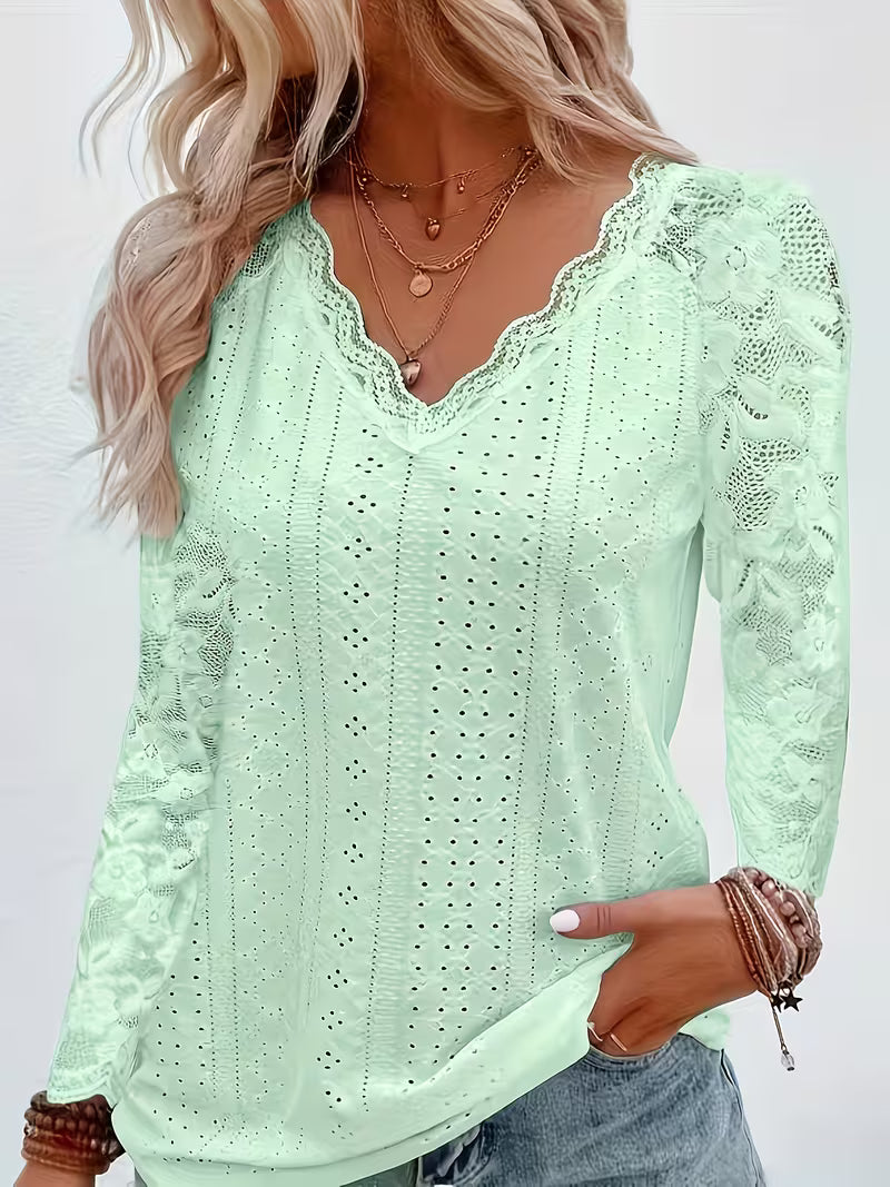 Shaleva - Elegante Camisa de Manga Larga Con Cuello en V de Encaje