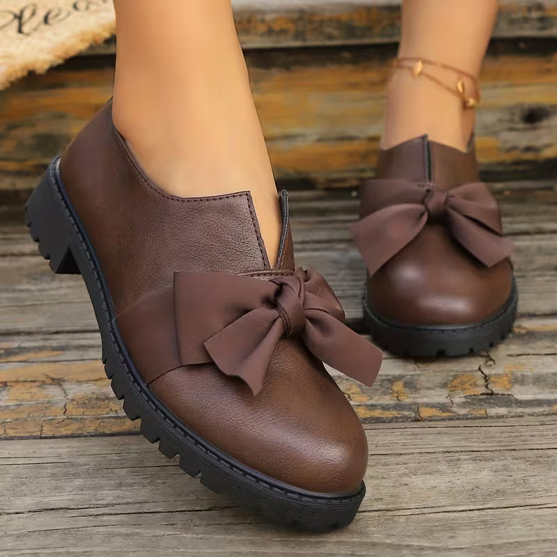 Nargiza - Mocasines Con Punta Redonda Suela Gruesa Y Elegante Lazo Decorativo