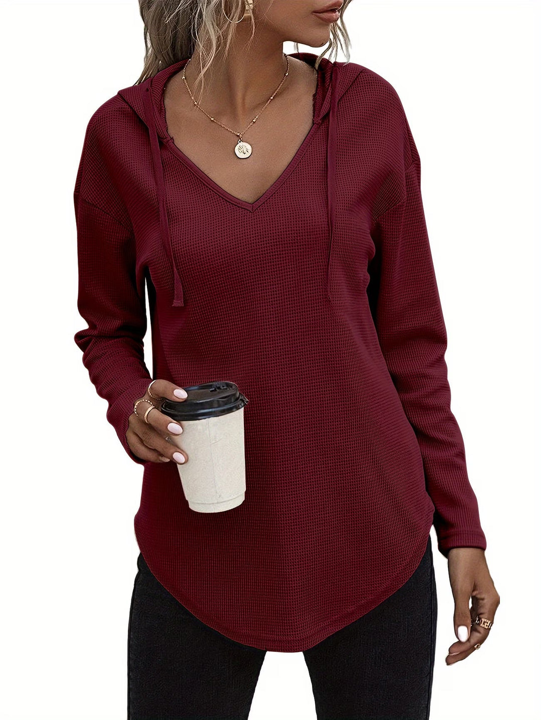Seonie - Manga Larga Cuello en V Sudadera Con Capucha
