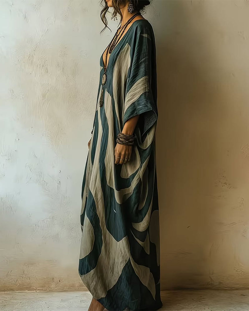 Valarien - Vestido Largo Holgado Con Cuello en V Y Estampado Abstracto