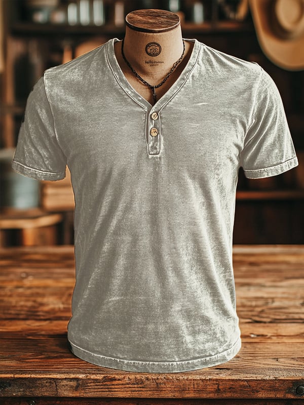 Camiseta clásica Retro Para Hombre Con Tapeta De Botones y Cuello En V. 100 % Algodón. Manga Corta