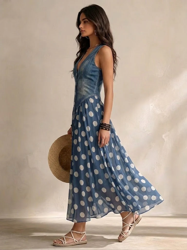 Vylina - Vestido Vaquero Con Falda De Gasa De Lunares