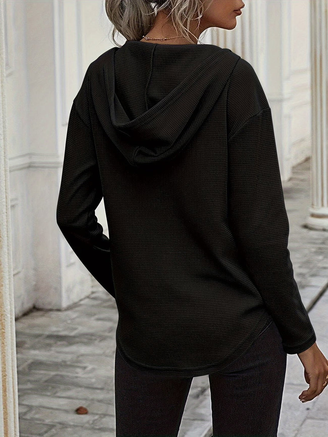 Seonie - Manga Larga Cuello en V Sudadera Con Capucha