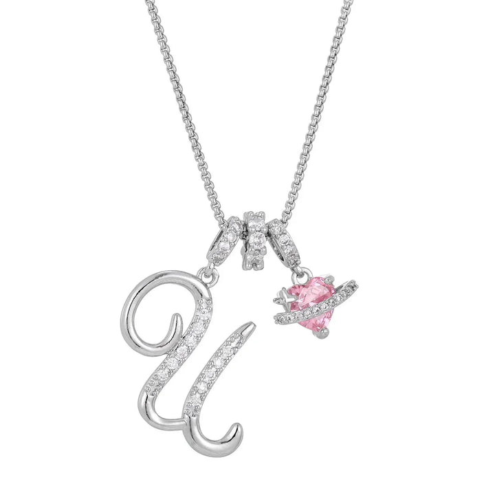Nerute - Collar Con Inicial y Colgante de Corazón Rosa
