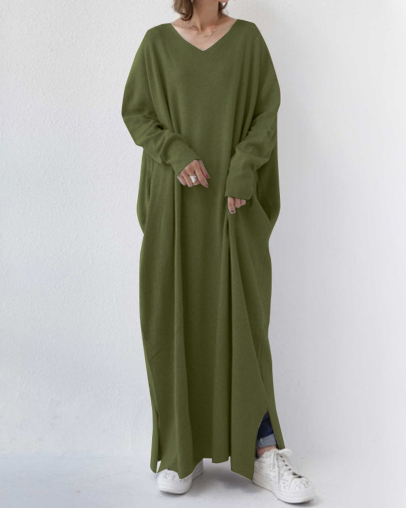 Bonita - Vestido Largo De Manga Larga Con Cuello En V a La Moda