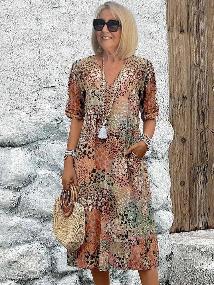 Kimano - Vestido Estampado De Manga Corta y Largo Hasta La Mitad De La Pantorrilla