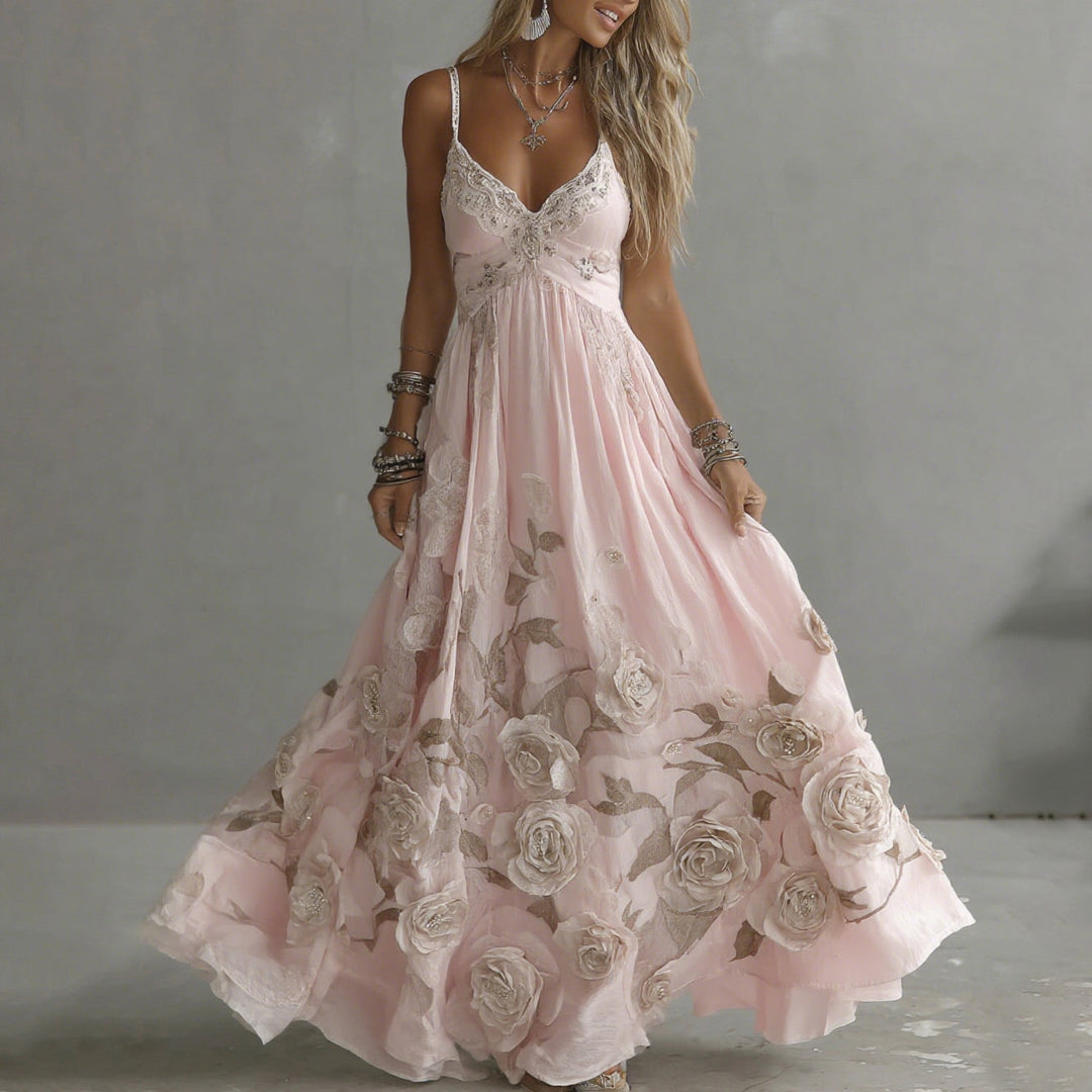 Adeluna - Vestido Largo Con Rosa Vintage y Bordado
