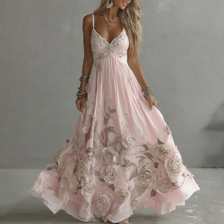 Adeluna - Vestido Largo Con Rosa Vintage y Bordado