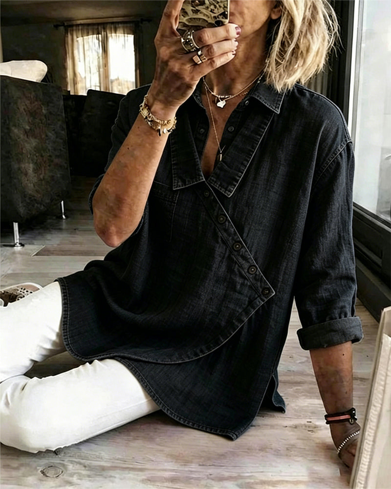 Olizia - Blusa Lisa Con Cuello Abotonado En Diagonal