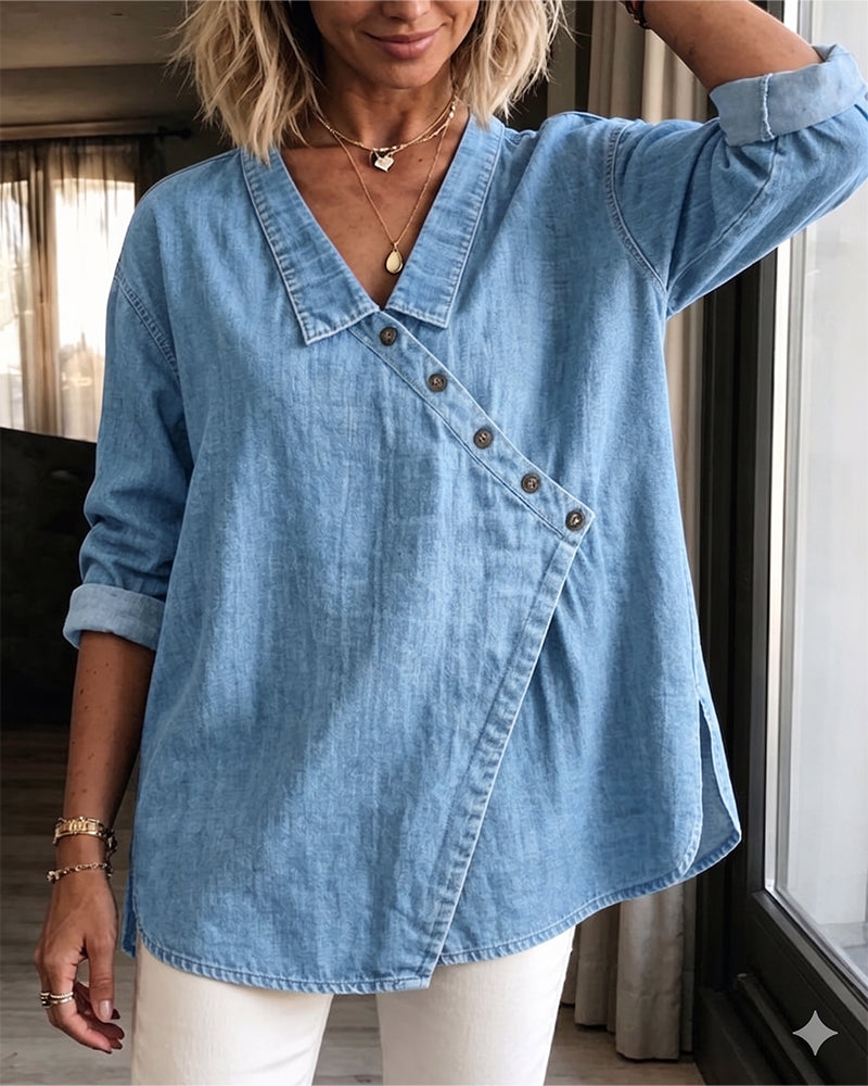 Olizia - Blusa Lisa Con Cuello Abotonado En Diagonal