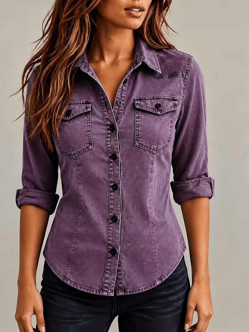 Rihana - Top de Denim Vintage Con Cuello Ajustado