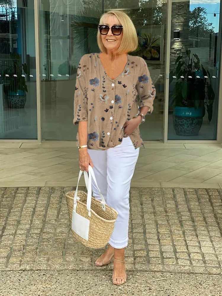 Teresa - Elegante Floral Blouse Con Botón