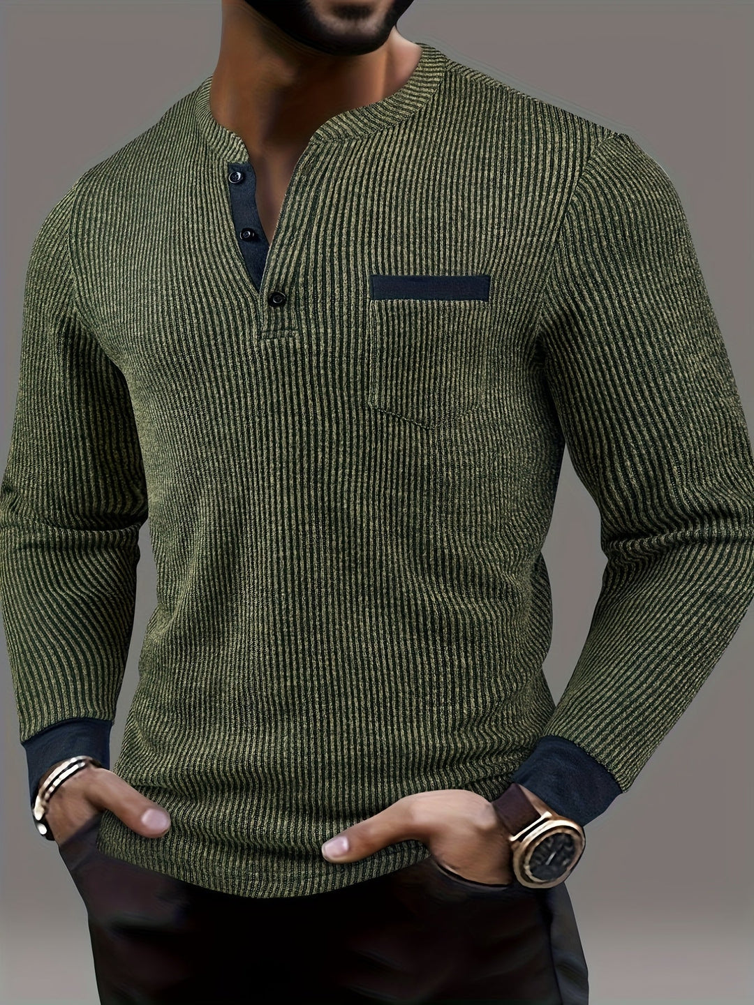 Deegan - Camisa Henley De Manga Larga Con Cuello a Rayas Y Textura