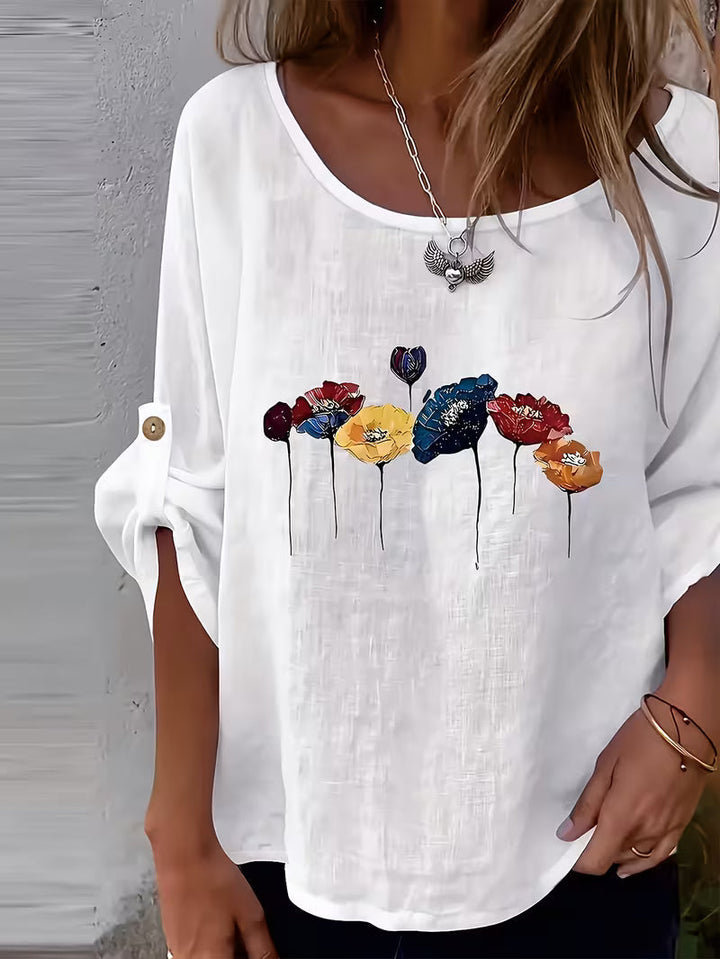 Sheril - Camiseta Holgada Con Mangas Enrollables y Estampado Floral