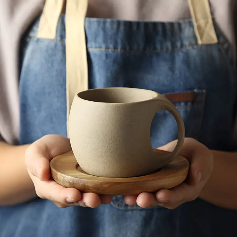 ClayHaven - Taza De Café De Cerámica Con Platillo de Madera