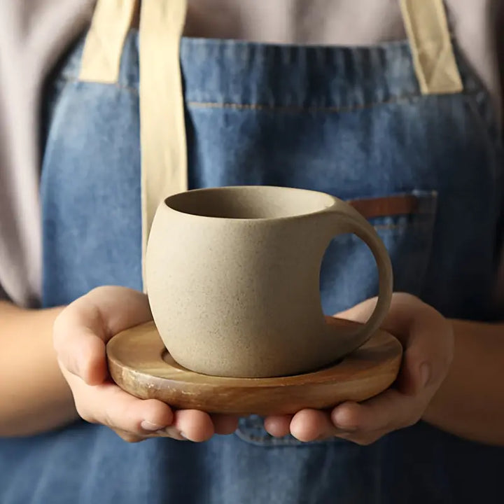 ClayHaven - Taza De Café De Cerámica Con Platillo de Madera