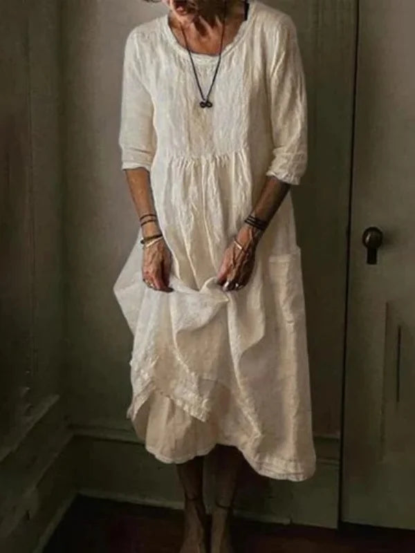 Tasoula - Elegante Vestido De Lino Con Cuello Redondo