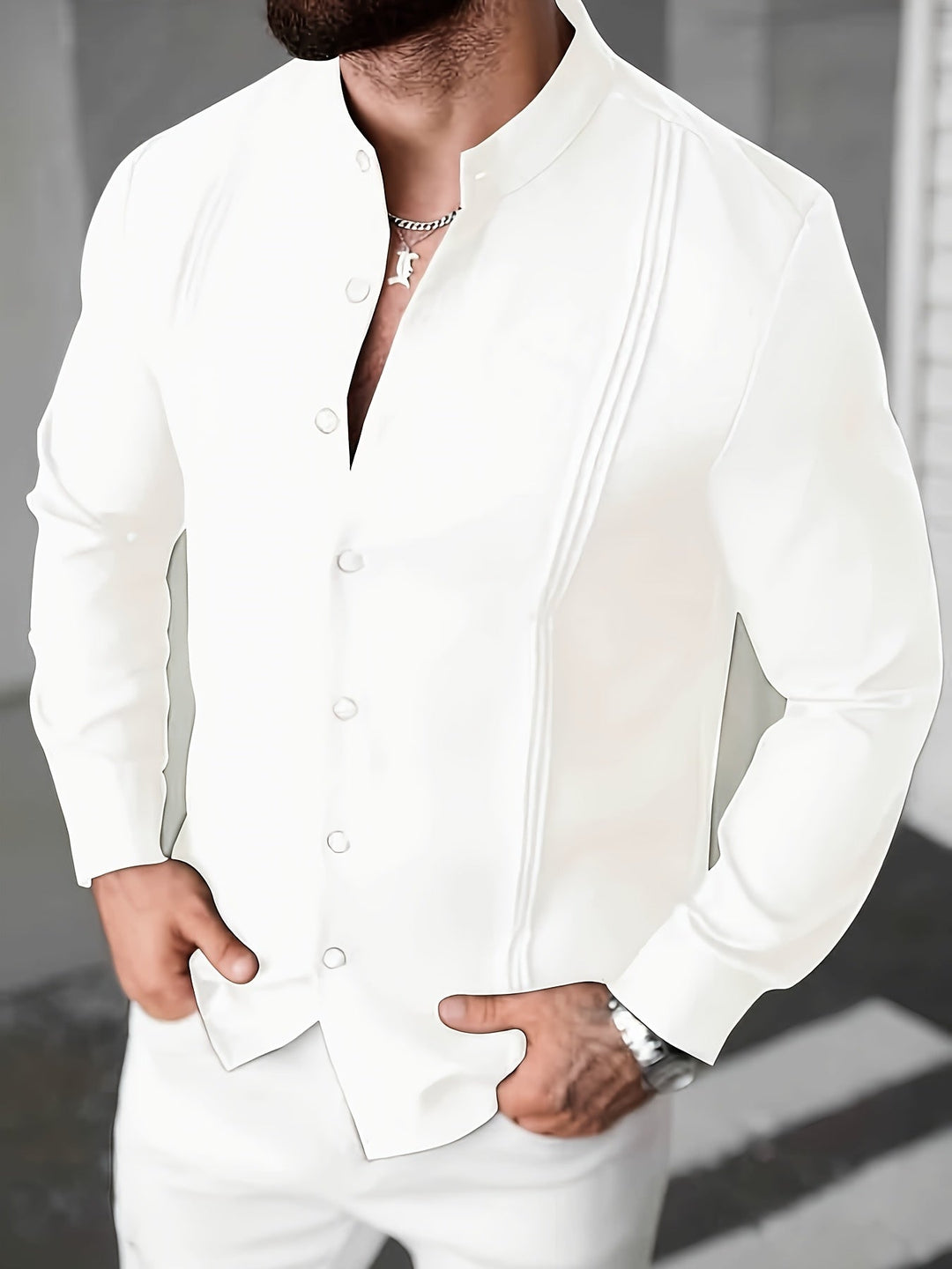 Elshan - Camisa De Manga Larga Con Cuello De Pie Y Botones