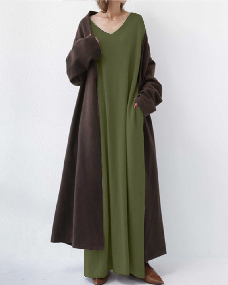 Bonita - Vestido Largo De Manga Larga Con Cuello En V a La Moda