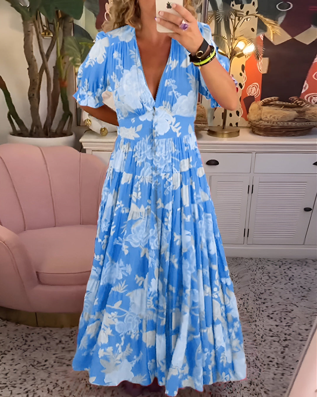 Kaela - Vestido Con Estampado De Flores, Cuello En V y Bolsillos