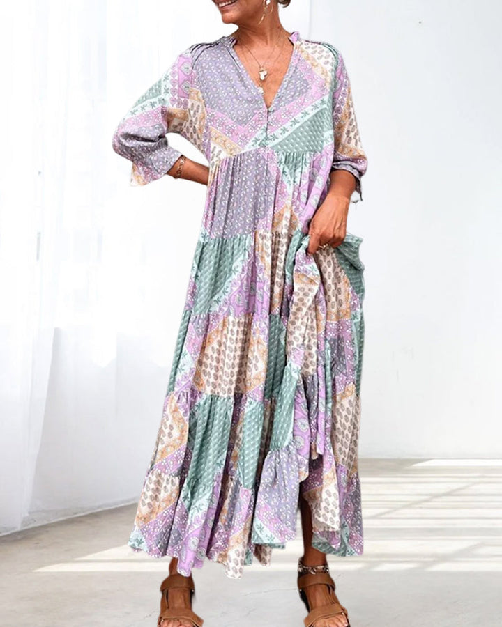 Gunilla -  Vestido Estampado con Cuello de Pico