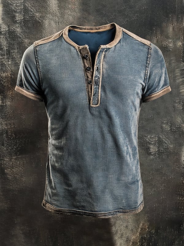 Camiseta Informal Henley Con Diseño Retro En Bloques De Color Para Hombre