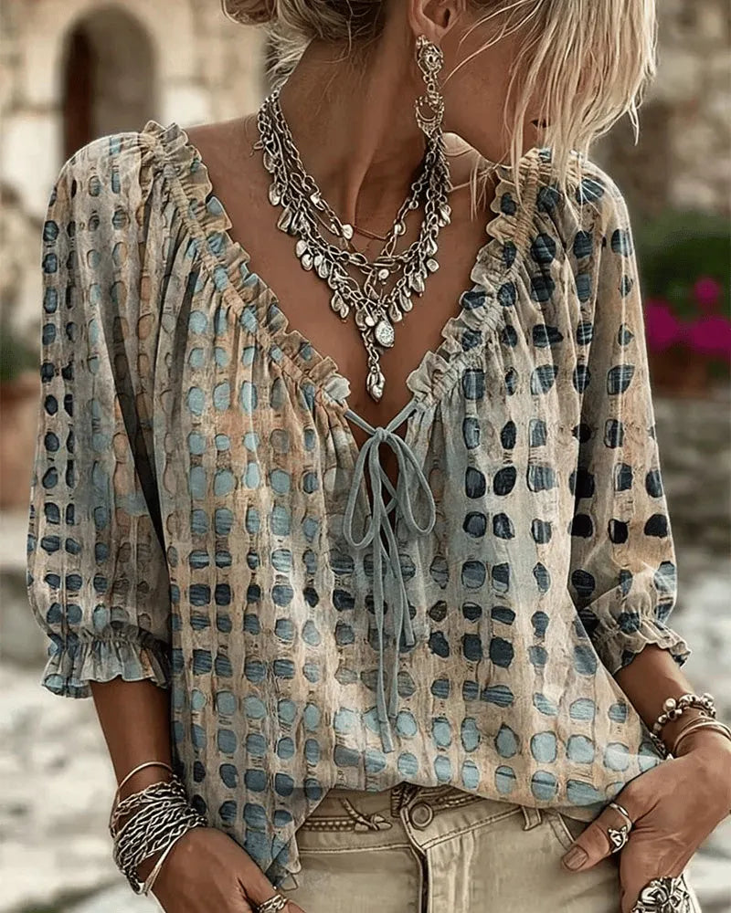 Orlyna - Blusa De Lunares Con Cordones Y Cuello en V