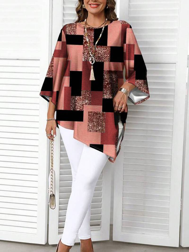 Nurit - Blusa Oversize Estampada a Cuadros Con Manga Corta