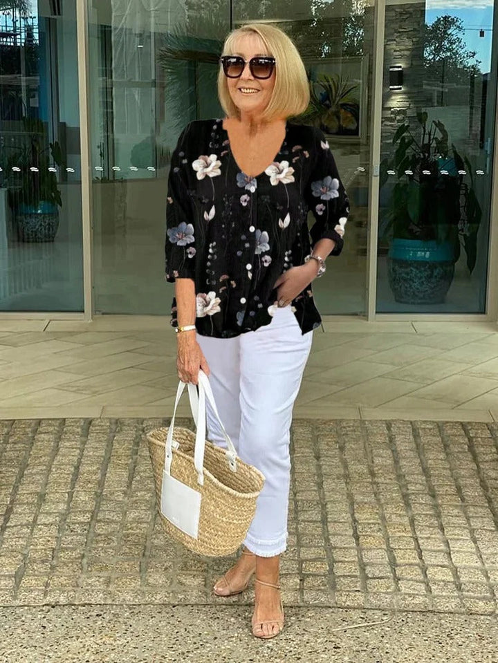 Teresa - Elegante Floral Blouse Con Botón