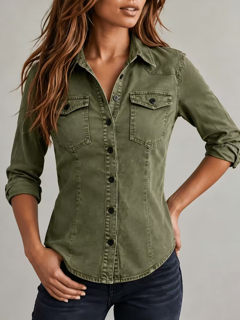 Rihana - Top de Denim Vintage Con Cuello Ajustado