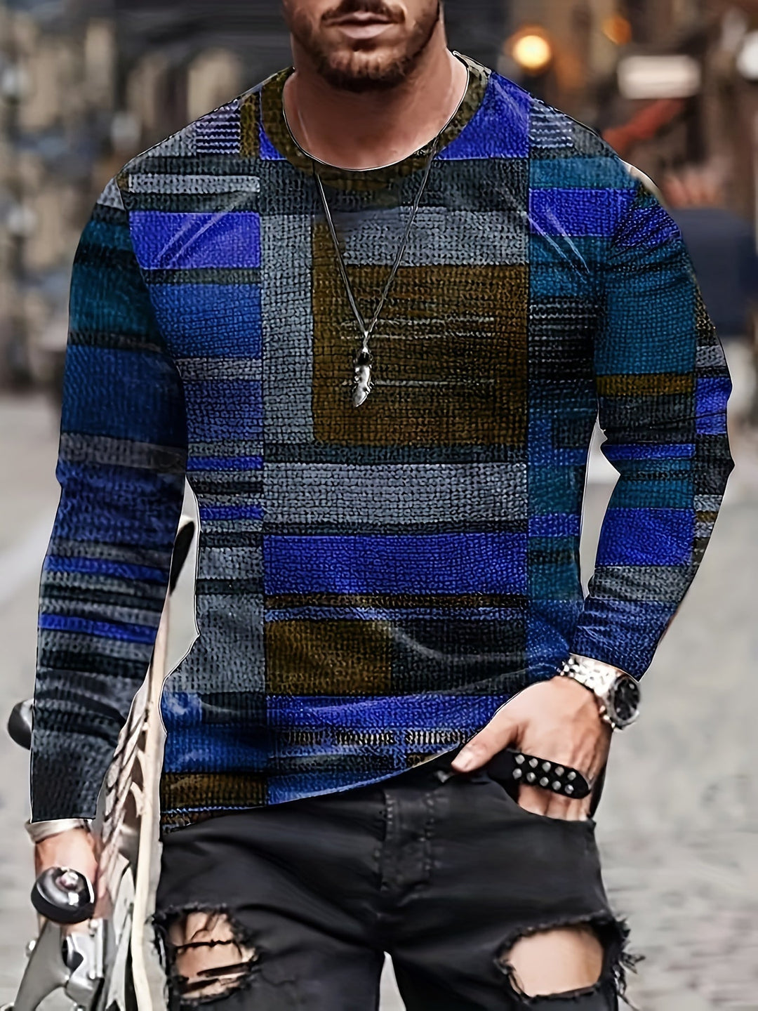 Calvin - Manga Larga Camiseta Con Patrón De Bloques