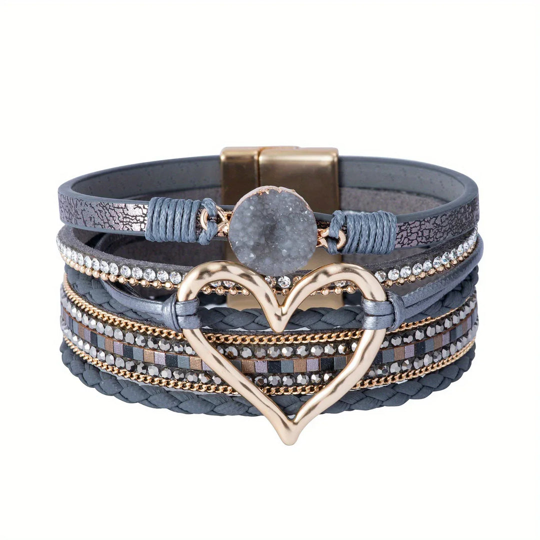 Joely - Pulsera De Cuero Multicapa Con Diseño De Corazón