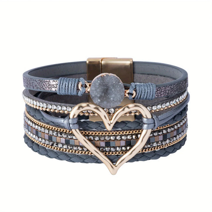 Joely - Pulsera De Cuero Multicapa Con Diseño De Corazón