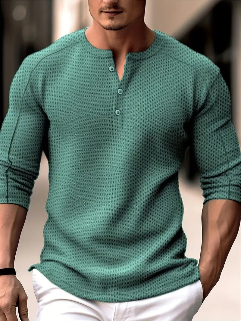 Biden - Camisa De Manga Larga Con Cuello Henley Y Tejido De Punto Waffle