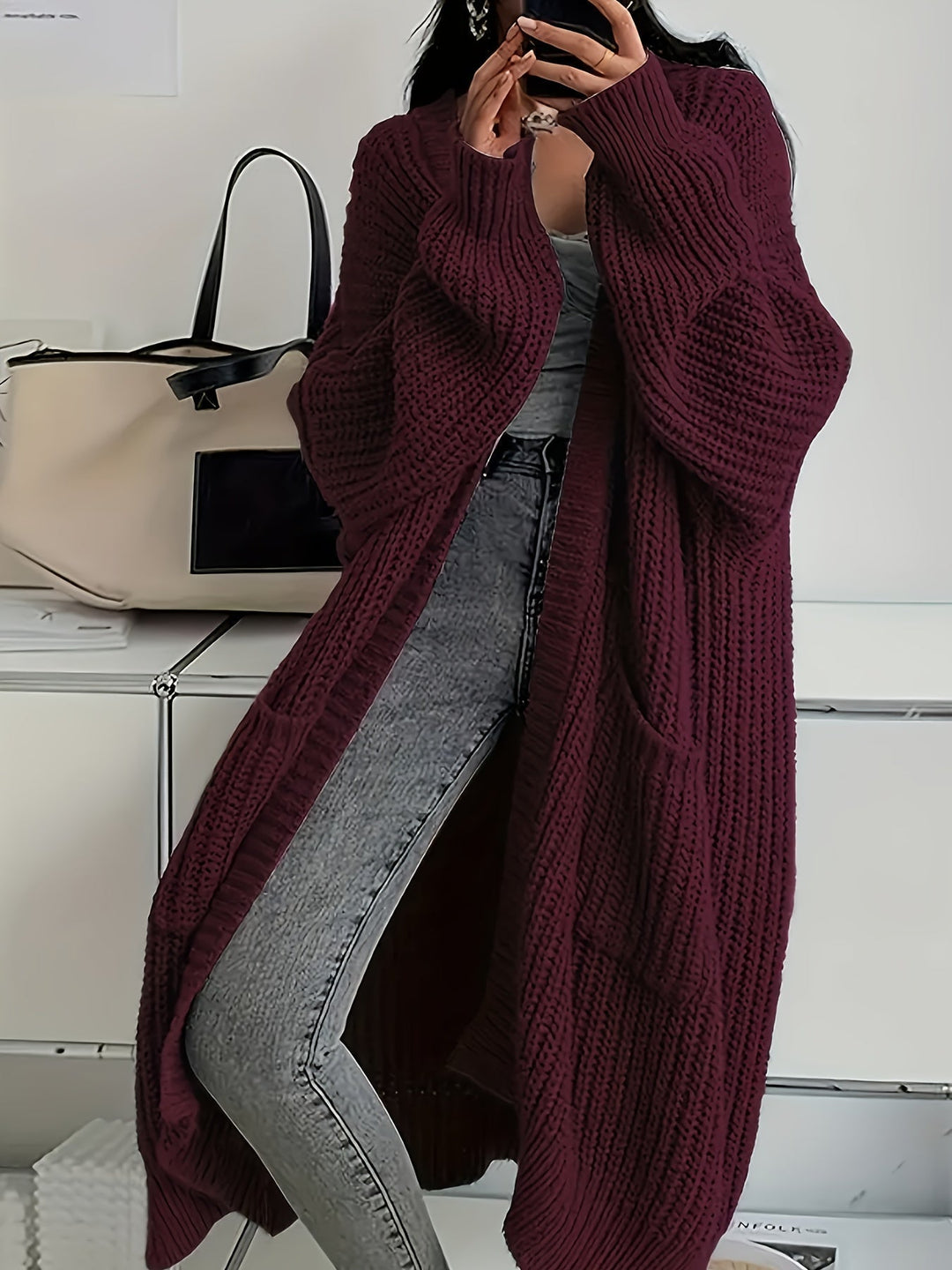 Ludivine - Cómodo Cárdigan Largo De Punto Con Abertura Delantera Y Bolsillo