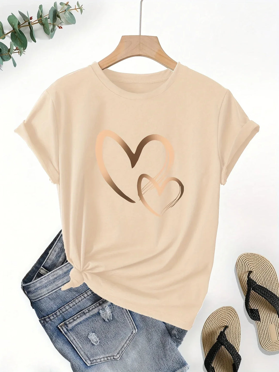 Larson - Informal Manga Corta Camiseta Con Estampado De Corazones
