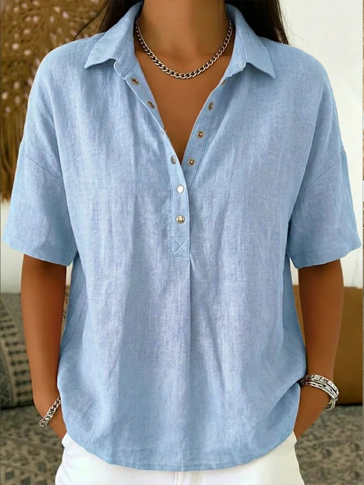 Anzhela - Elegante Blusa De Manga Corta Con Botones